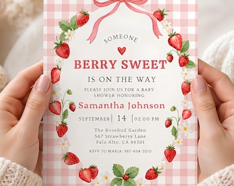 Baby Shower de Fresas, Invitación Editable para Baby Shower, Baby Shower para Niña, Plantilla de Canva, Descarga Instantánea