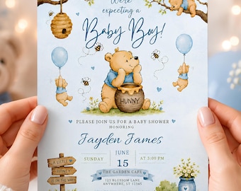 Editable Winnie The Pooh Baby Shower Invitation, Pooh Baby Shower, Blue Baby Shower, Canva Template, Instant Download