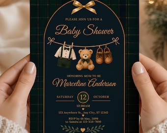 Invitación para baby shower con temática de polos, baby shower con ositos de peluche editables, baby shower para niño, plantilla de Canva, descarga instantánea.