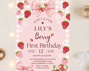 Invitación de primer cumpleaños con diseño de fresas y bayas, plantilla de Canva para niña (descarga digital)