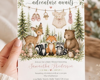 Invitación editable para baby shower con temática de bosque, ¡La aventura te espera!, Animales del bosque, Invitación para baby shower, Descarga instantánea