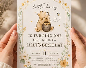 Primer cumpleaños de Winnie the Pooh, Winnie the Pooh clásico, Cumpleaños de Pooh, Plantilla de Canva, Descarga instantánea
