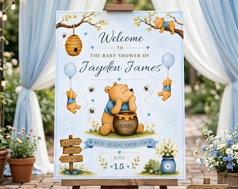 Letrero de bienvenida para baby shower de Winnie the Pooh, Baby Shower Azul, Letrero de bienvenida editable, Descarga instantánea