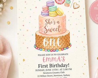 Invitación de cumpleaños para niña / Primer cumpleaños de niña / Invitación para niña / Plantilla editable de Canva / Descarga instantánea