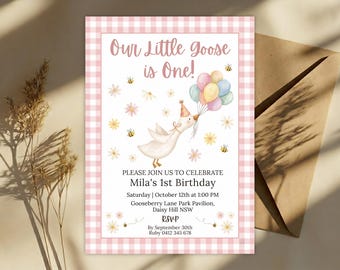 Invitación de cumpleaños de Silly Goose, invitación de primer cumpleaños, primer cumpleaños del bebé, invitación de Silly Goose, plantilla editable de Canva