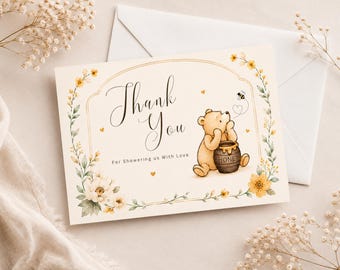 Tarjeta de agradecimiento de Winnie the Pooh, tarjeta de agradecimiento para baby shower, plantilla de Canva, descarga instantánea.