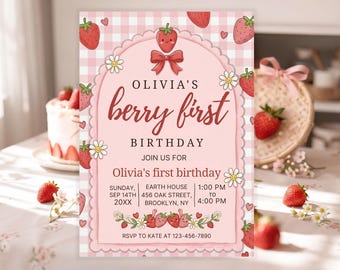 Invitación de primer cumpleaños con bayas, Invitación de cumpleaños con fresas, Primer cumpleaños con bayas, Primer cumpleaños de niña, Plantilla editable de Canva