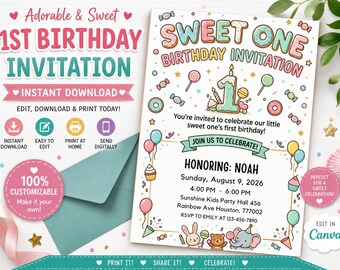 Invitación de cumpleaños para niña / Primer cumpleaños de niña / Invitación para niña / Plantilla editable de Canva / Descarga instantánea