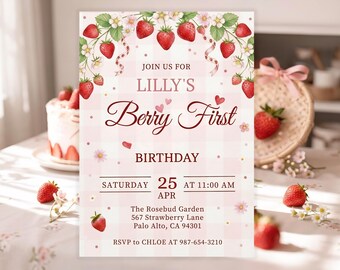 Invitación de primer cumpleaños con bayas, Invitación de cumpleaños con fresas, Primer cumpleaños con bayas, Primer cumpleaños de niña, Plantilla editable de Canva