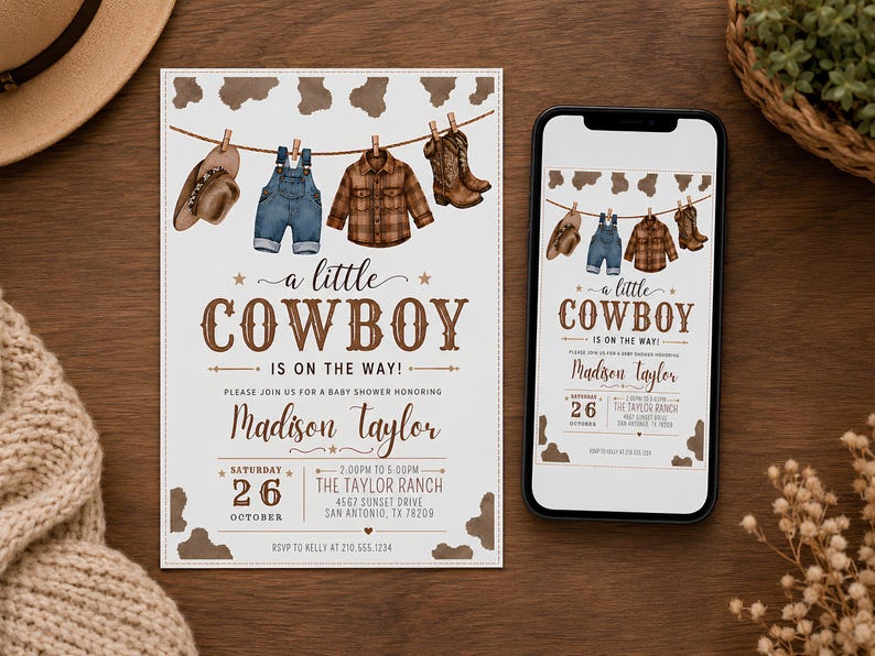 Cowboy babyshower-inbjudan, babyshowermall, redigerbar Canvas-mall, direktnedladdning bild 2