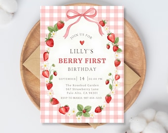 Invitación de primer cumpleaños de Berry, Invitación de cumpleaños de fresa, Niña de 1er cumpleaños, Primer cumpleaños de Berry, Plantilla editable de Canva