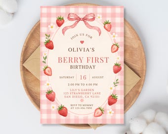 Invitación de primer cumpleaños con fresas, invitación editable para niña de 1er cumpleaños, invitación de cumpleaños de fresa imprimible, plantilla de invitación