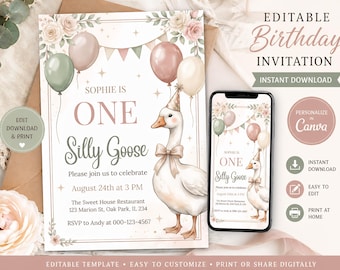 Invitación de cumpleaños de Silly Goose, invitación de primer cumpleaños, primer cumpleaños del bebé, invitación de Silly Goose, plantilla editable de Canva