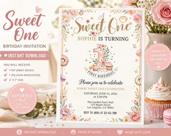 Invitación de cumpleaños para niña / Primer cumpleaños de niña / Invitación para niña / Plantilla editable de Canva / Descarga instantánea