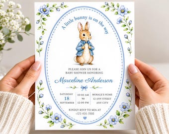 Invitación editable para baby shower de Peter Rabbit, baby shower de conejito, baby shower azul, descarga instantánea, plantilla de Canva