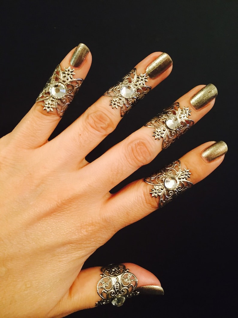 Knuckle rings set of 5 pcs silver color decorated with clear crystals