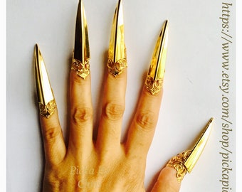 10 pcs. Arrow claw rings,golden claw rings,gold nail guards,metal nails,sharp finger tips,nail rings,nail tips,gold finger tips,adjustable.