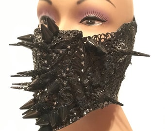 Black mouth mask,face mask,mouth piece,Black mask,Filigree mask,spike mask,black crystal mask,handmade,hematite.