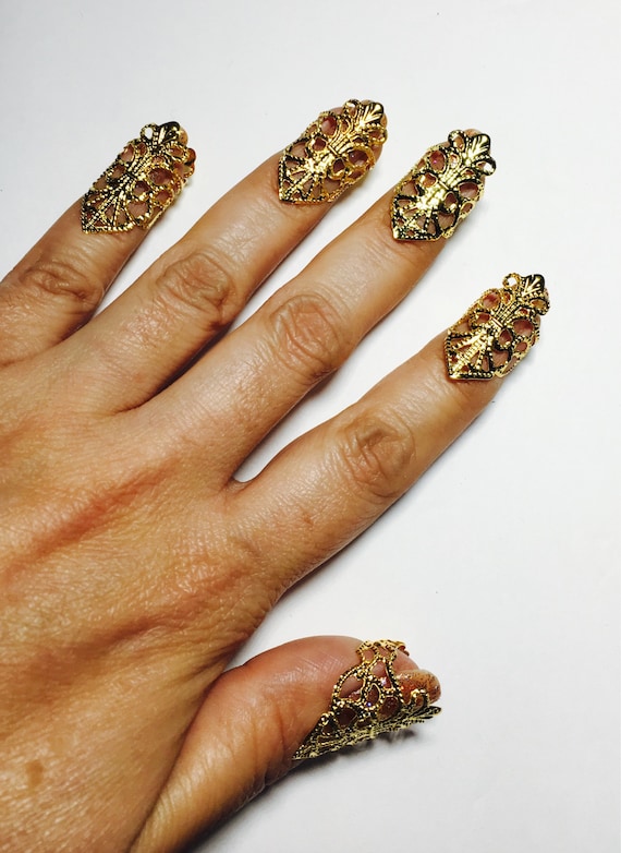 Mini Claw Rings,nail Tips,nail Guards,nail Jewels,finger Tips,metal  Claws,small Claws,gold Filigree,adjustable,5 Pcs. 