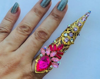 Crystal Claw ring, Full finger ring, shield ring, nail guard, finger cover, armor ring, crystal claw ring, claw, adjustable.
