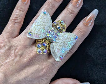 Crystal bow ring, large crystal rings, large rings, large statement rings, holiday rings, crystal rings, rings, adjustable.
