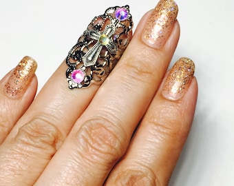Cross claw ring,finger tip,nail tip,nail guard,cross nail guard,crystal cross claw,crystal claw,nail cover,silver filigree,clear ab crystals