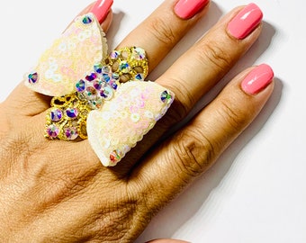 Bow ring, crystal bow ring, white bow ring, crystal rings, bow rings, crystal bow, white crystal ring, cute rings.