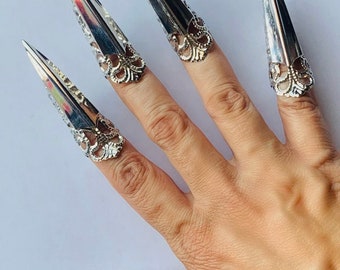 Large claws, silver claw rings, large nail guards, claw rings, metal nail guards, metal nail covers, finger tips, 10 pcs.