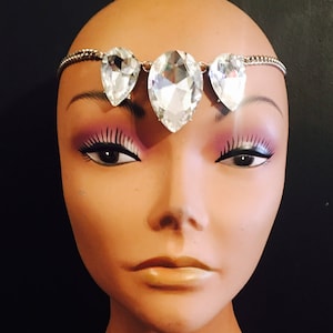 Tear drop crystal circlet,Crystal head piece,,crystal head chain,head piece,hair chain,bridal head chain,silver color,with 3 large crystals.