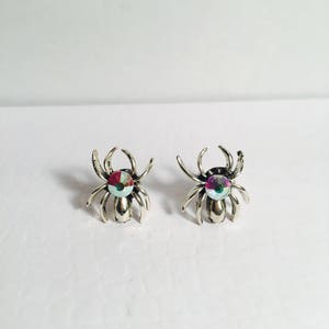 Spider earrings,stud earrings,spider studs,crystal spider earrings,dull silver color,clear ab crystals.