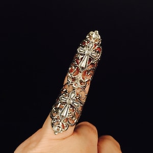Pinky ring, double cross pinky ring, claw pinky ring, full finger ring, made in silver color filigree with clear crystals.