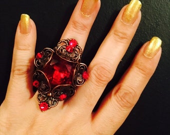 Crystal ring, flower ring, large crystal ring, large stone ring, large cocktail ring, armor ring, stone ring, flower ring, adjustable.