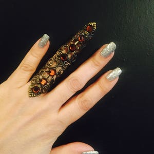 Shield ring,Full finger ring,armor ring,metal nail guard,full finger cover,metal shield ring,brass,smoked topaz Swarovski crystals,sizable