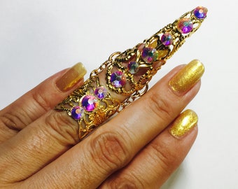 Crystal claw ring,Crystal nail ring,nail guard,claw ring,metal nail guard,metal nail cover,finger cover,gold,ab crystals.