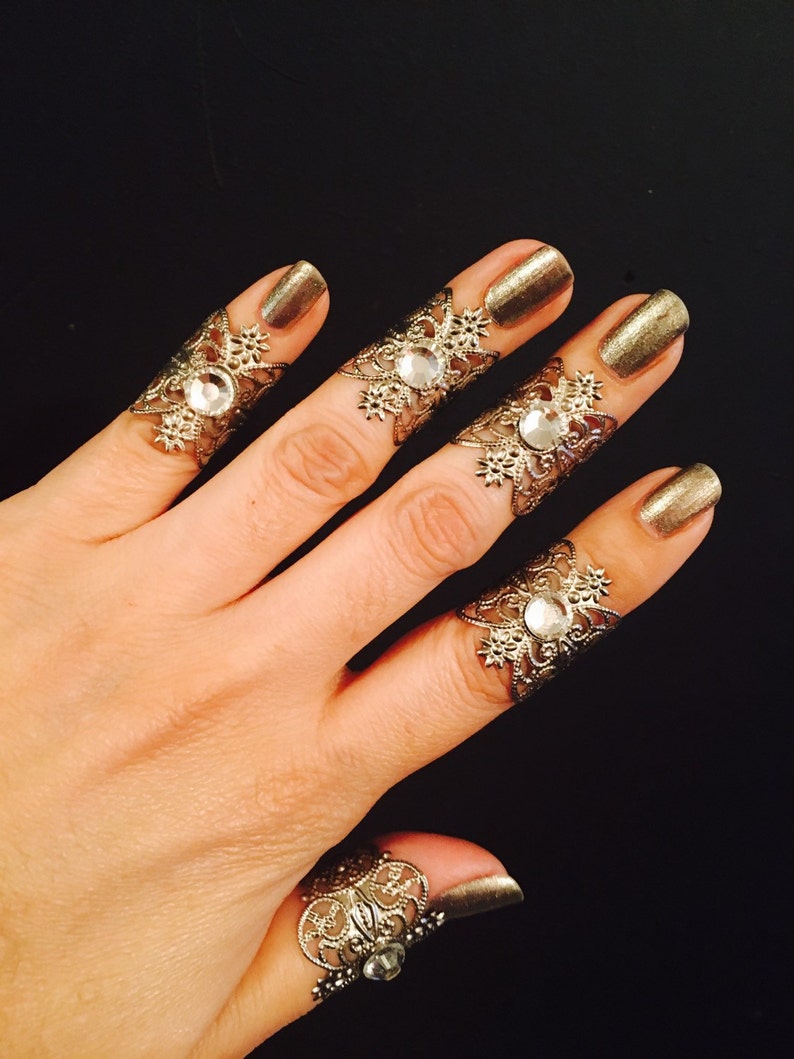 Knuckle rings set of 5 pcs silver color decorated with clear crystals