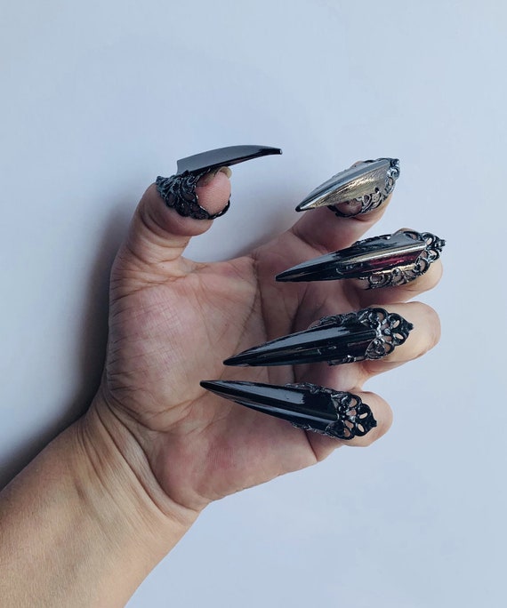 Steel Claw Rings,10 Pcs,nail Guards,metal Nail Tips,metal Claws,finger  Cover,metal Finger Tips,claws, Charcoal,dark Silver Claws,adjustable. - Etsy