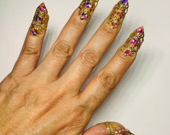 Crystal mini claw rings,nail guards,nail rings,nail covers,metal nails,finger tips,golden filigree metal claws,adjustable,5 pcs.