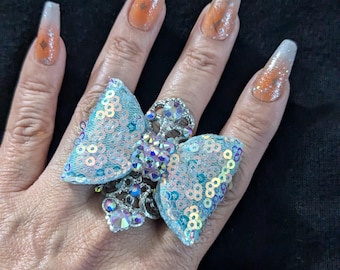Crystal bow ring, large crystal rings, large rings, large statement rings, holiday rings, crystal rings, rings, adjustable.
