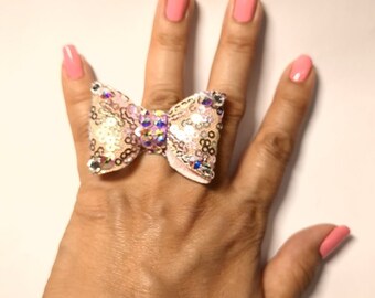 Bow ring, crystal bow ring, pink bow ring, crystal rings, shiny bow rings, crystal bow, bow crystal ring, cute rings.