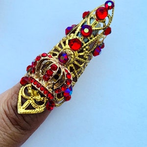 Crystal claw ring,nail ring,crystal claw,nail tip,nail ring,claw ring,metal nail guard,metal finger cover,Nail cover, red crown, adjustable.