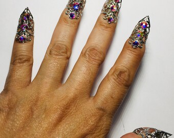 Crystal mini claw rings,nail guards,nail rings,nail covers,metal nails,finger tips,silver filigree metal claws,adjustable,10 pcs.