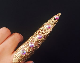 Full finger ring,armor ring,shield ring,nail guard,metal nail guard,full finger cover,gold color,ab crystals.