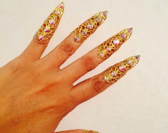 10 pcs. Crystal claw rings,nail guards,nail tips,crystal claws,golden claws,metal nail guards,nail covers,clear ab crystals,adjustable.