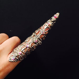Shield Full finger ring, armor ring, made with a vintage style filigree, dull silver  color metal, decorated with clear ab crystals.