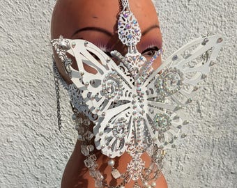 Crystal butterfly mask, crystal mask, white mask, crystal butterfly, metal butterfly, filigree mask.