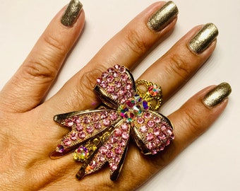 Large crystal ring,cocktail ring, holiday ring, crystal ring, large rings, crystal bow ring, pink rings, statement rings, adjustable.