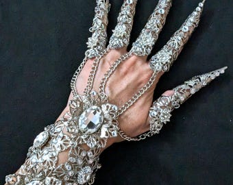 Crystal bracelet, Shield glove bracelet and claw rings, Armor bracelet, 5 finger bracelet, Nail Guard Bracelet, metal Glove bracelet, silver