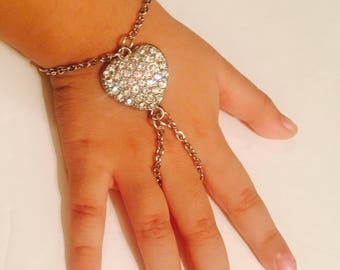 Little girl crystal heart bracelet, heart bracelet,slave bracelet,crystal bracelet,baby girl bracelet,silver color with clear crystals.