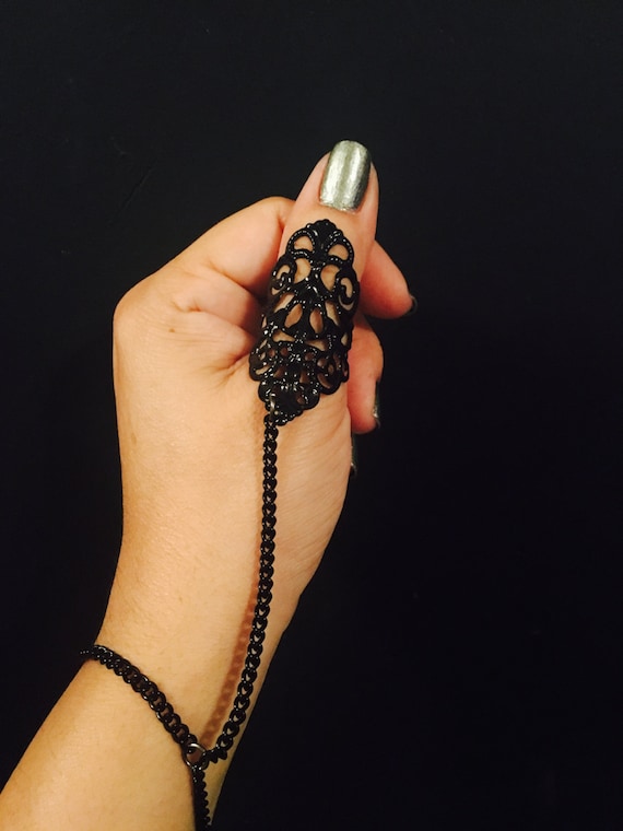 Thumb Harness Chain Ring or Thumb Ring Black Color Filigree Metal