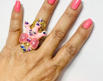 Crown ring, crystal crown ring, pink crown ring, pink rings, pink crown, crystal ring, pink crystal ring, cute rings.